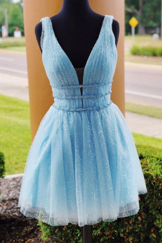 Shiny Beading Sky Blue Homecoming with Sequins Deep V Neck Graduation Dress - Prom Dresses