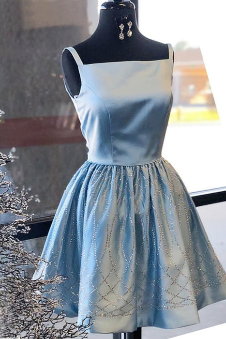 Shiny Blue Satin Beading Square Neck Sleeveless Homecoming Knee Length Prom Dress - Prom Dresses