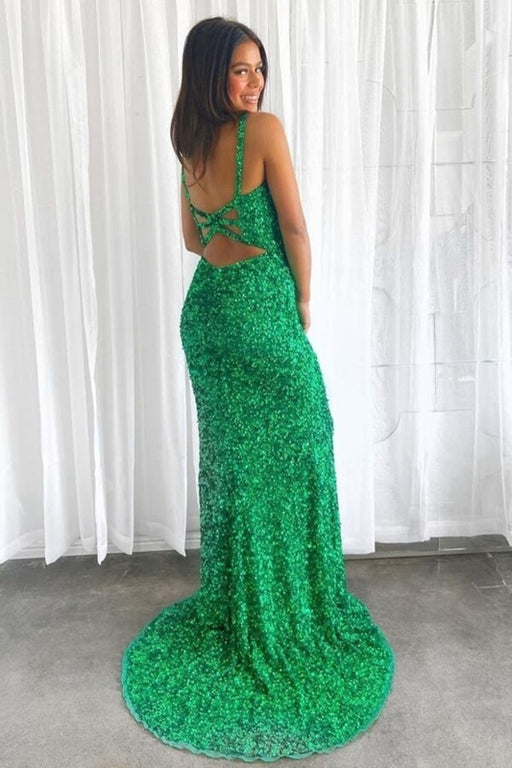 Shiny Green Sequins V Neck Mermaid Long Prom Dresses with High Slit, Open Back Green Formal Dresses, Green Sequins Evening Dresses 