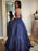 Shiny Halter Neck Backless Dark Blue Long Prom Dresses with Pocket, Backless Blue Formal Graduation Evening Dresses 