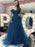 Shiny Off Shoulder Long Blue Lace Prom Dresses, Blue Lace Formal Dresses, y Blue Evening Dresses