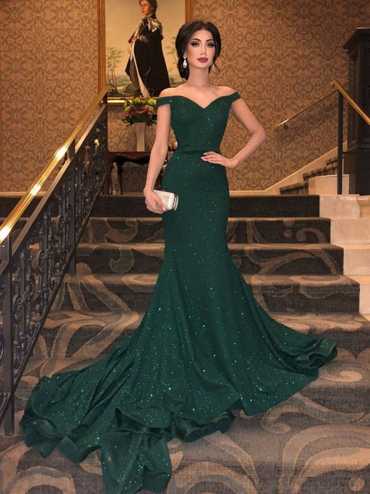 Shiny Off Shoulder Mermaid Dark Green Long Prom Dresses, y Mermaid Green Formal Evening Dresses