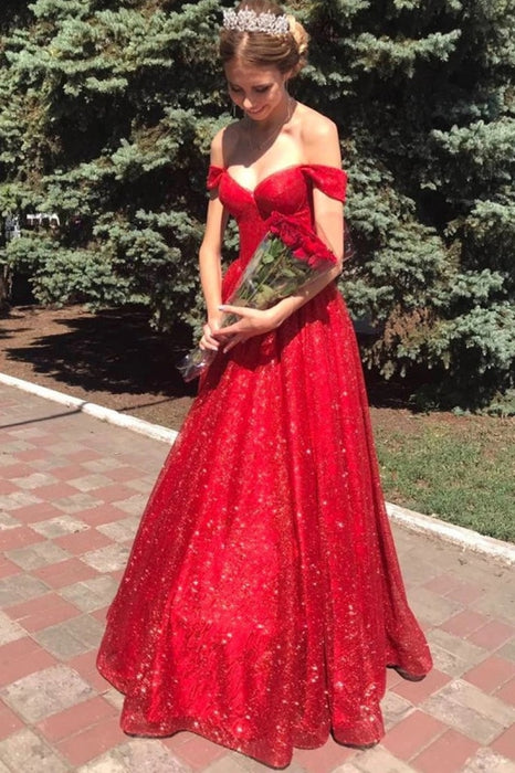 Shiny Off Shoulder Red Long Prom Dresses, Off the Shoulder Red Formal Dresses, y Red Evening Dresses