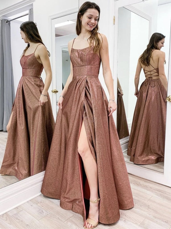 Shiny Open Back Brown Long Prom Dresses with Slit, y Brown Formal Evening Dresses