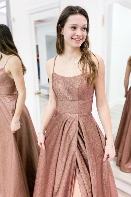 Shiny Open Back Brown Long Prom Dresses with Slit, y Brown Formal Evening Dresses