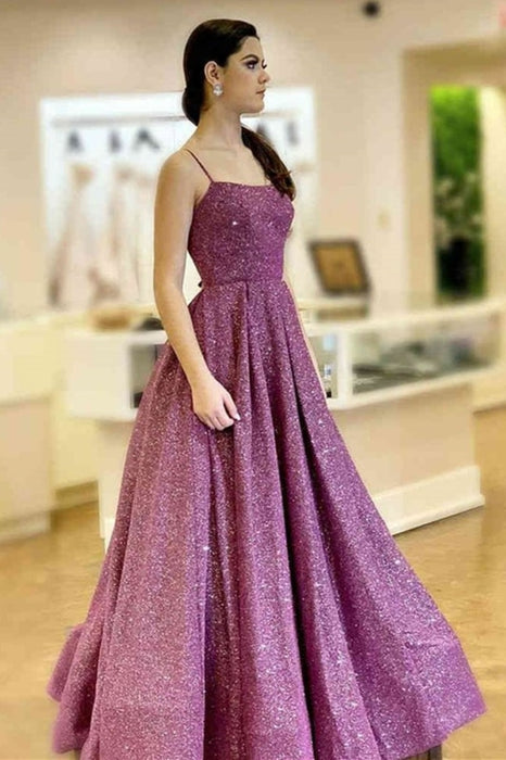 Shiny Open Back Purple Long Prom Dresses with Slit, Thin Strap Purple Long Formal Evening Dresses