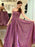 Shiny Open Back Purple Long Prom Dresses with Slit, Thin Strap Purple Long Formal Evening Dresses