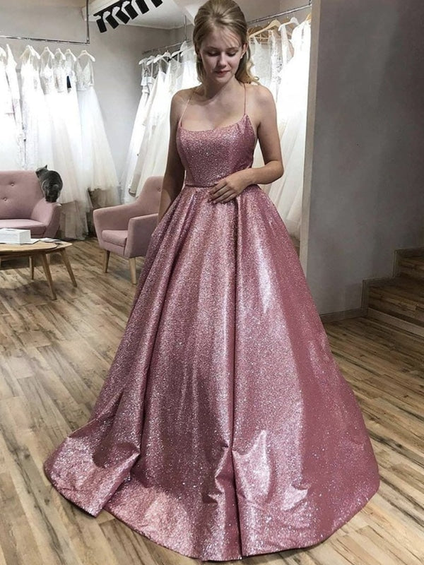 Shiny Open Back Thin Strap Pink Long Prom Dresses, Backless Pink Formal Evening Dresses