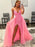 Shiny Pink Sequins V Neck Mermaid Long Prom Dresses with High Slit, Mermaid Pink Formal Graduation Evening Dresses 