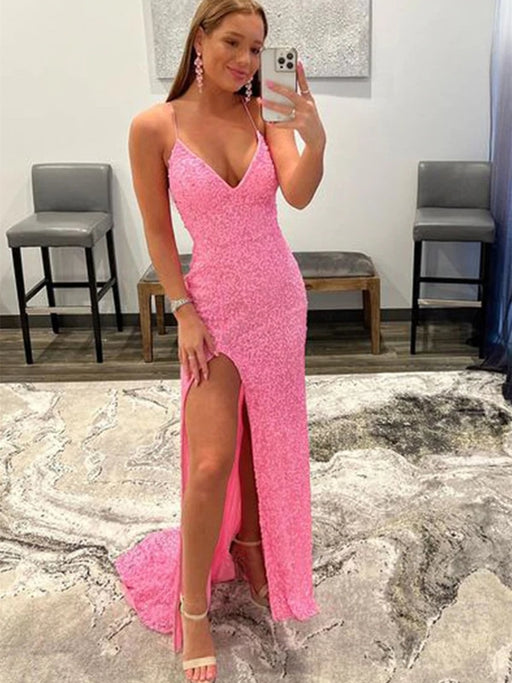 Shiny Pink Sequins V Neck Mermaid Long Prom Dresses with High Slit, Mermaid Pink Formal Graduation Evening Dresses 