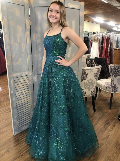 Shiny Sequins Green Lace Long Prom Dresses, Green Lace Formal Dresses, y Green Evening Dresses