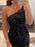 Shiny Sequins One Shoulder Black Prom Dresses, Short Black Homecoming Dresses, Black Formal Graduation Evening Dresses 