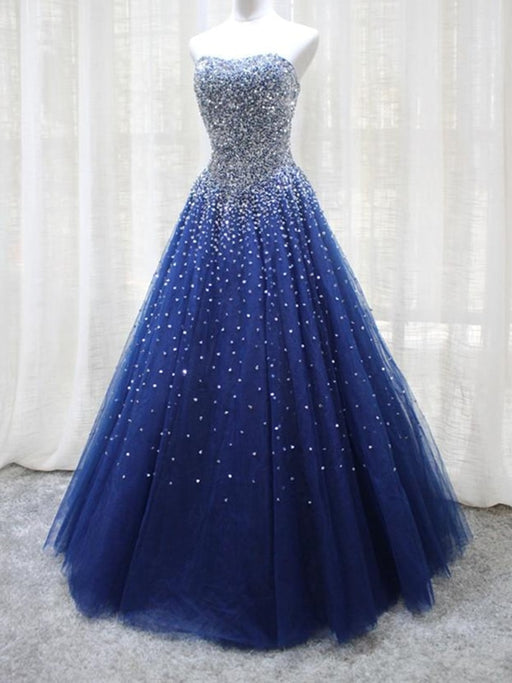 Shiny Sequins Strapless Blue Long Prom Dresses, y Blue Formal Evening Dresses, Blue Ball Gown 