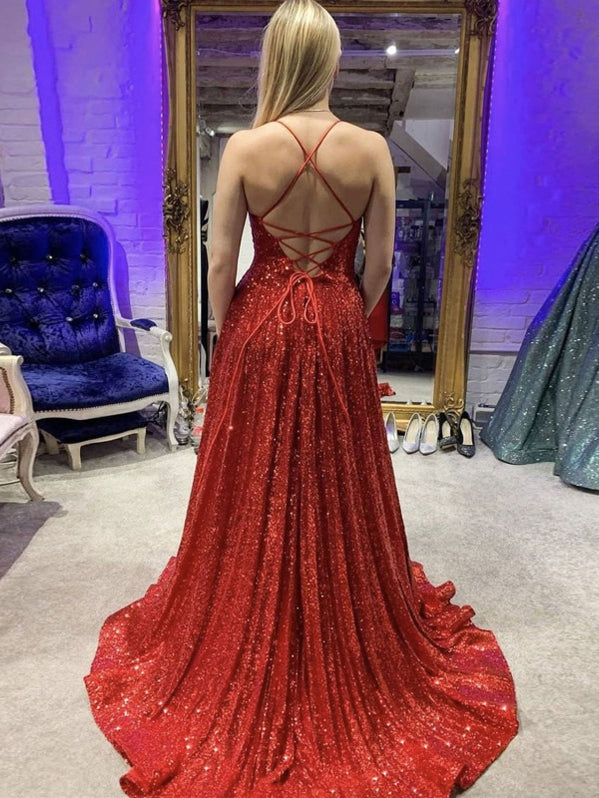 Shiny Sequins V Neck Backless Burgundy Long Prom Dresses With High Sli