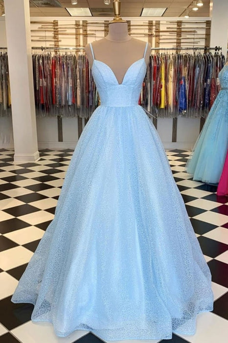 Shiny Sequins V Neck Long Blue Prom Dresses with Straps, V Neck Blue Formal Graduation Evening Dresses