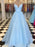 Shiny Sequins V Neck Long Blue Prom Dresses with Straps, V Neck Blue Formal Graduation Evening Dresses