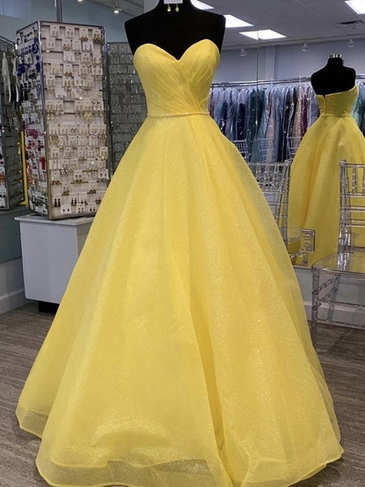 Shiny Strapless Open Back Sequins Yellow Prom Dresses, y Yellow Formal Evening Dresses, Yellow Ball Gown