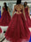 Shiny Tulle Backless Burgundy Lace Long Prom Dresses, Burgundy Lace Formal Dresses, Burgundy Evening Dresses 