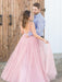 Shiny V Neck Backless Beaded Pink Long Prom Dresses, Backless Pink Formal Graduation Evening Dresses