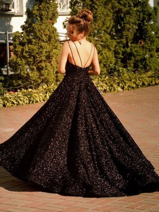 Shiny V Neck Backless Black Long Prom Dresses, Open Back Black Formal Evening Dresses, y Black Ball Gown