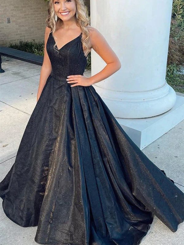 Shiny V Neck Backless Black Long Prom Dresses, Open Back Black Formal Graduation Evening Dresses 