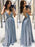 Shiny V Neck Backless Blue Long Prom Dresses, Open Back Blue Formal Graduation Evening Dresses