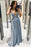 Shiny V Neck Backless Blue Long Prom Dresses, Open Back Blue Formal Graduation Evening Dresses