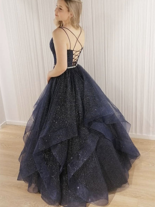 Shiny V Neck Backless Dark Blue Long Prom Dresses, V Neck Dark Blue Formal Evening Dresses, Dark Blue Ball Gown 