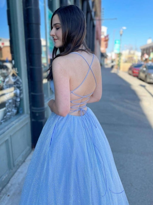 Shiny V Neck Backless Light Blue Long Prom Dresses, V Neck Light Blue Formal Dresses, Blue Evening Dresses 