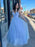 Shiny V Neck Backless Light Blue Long Prom Dresses, V Neck Light Blue Formal Dresses, Blue Evening Dresses 