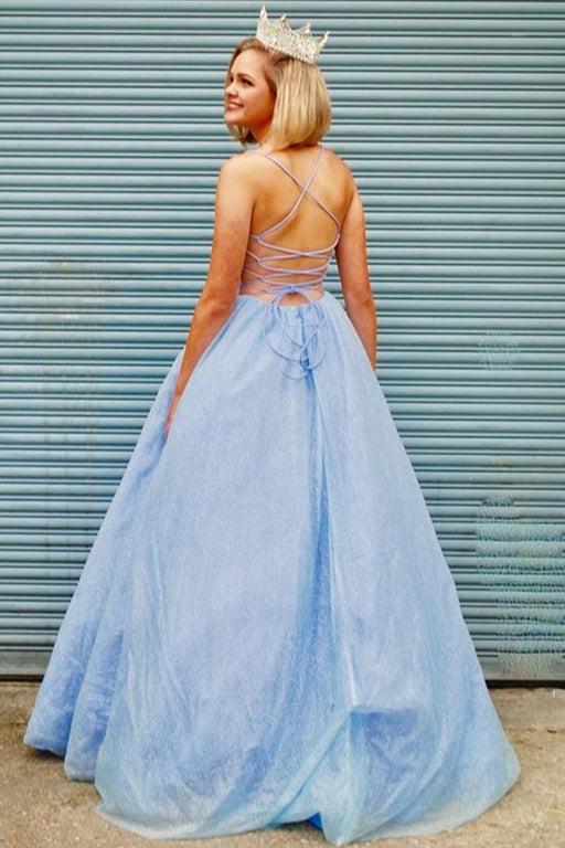 Shiny V Neck Backless Light Blue Long Prom Dresses, Open Back Light Blue Formal Dresses, y Blue Evening Dresses