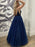 Shiny V Neck Backless Navy Blue Long Prom Dresses, Navy Blue Formal Dresses, Evening Dresses