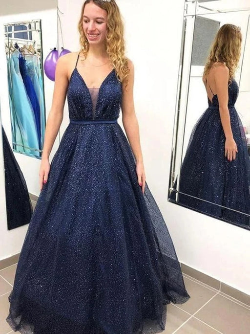 Shiny V Neck Backless Navy Blue Long Prom Dresses, Backless Navy Blue Formal Dresses, y Navy Blue Evening Dresses