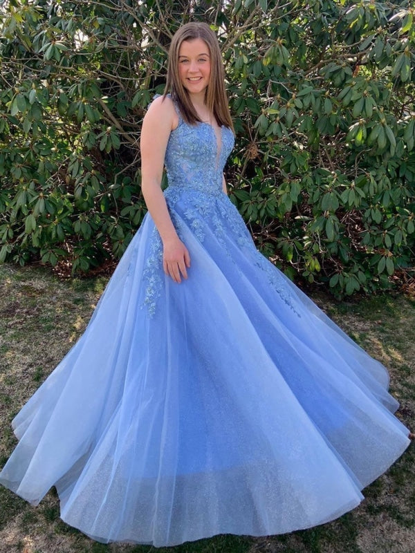 Shiny V Neck Long Blue Lace Prom Dresses, Blue Lace Formal Graduation Evening Dresses