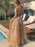 Shiny V Neck Long Champagne Prom Dresses, y V Neck Champagne Formal Graduation Evening Dresses