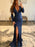 Shiny V Neck Long Sleeves Mermaid Navy Blue Long Prom Dresses, Mermaid Navy Blue Formal Graduation Evening Dresses 