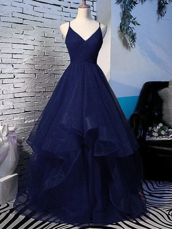 Shiny V Neck Navy Blue Long Prom Dresses, Fluffy Navy Blue Formal Evening Dresses, y Ball Gown