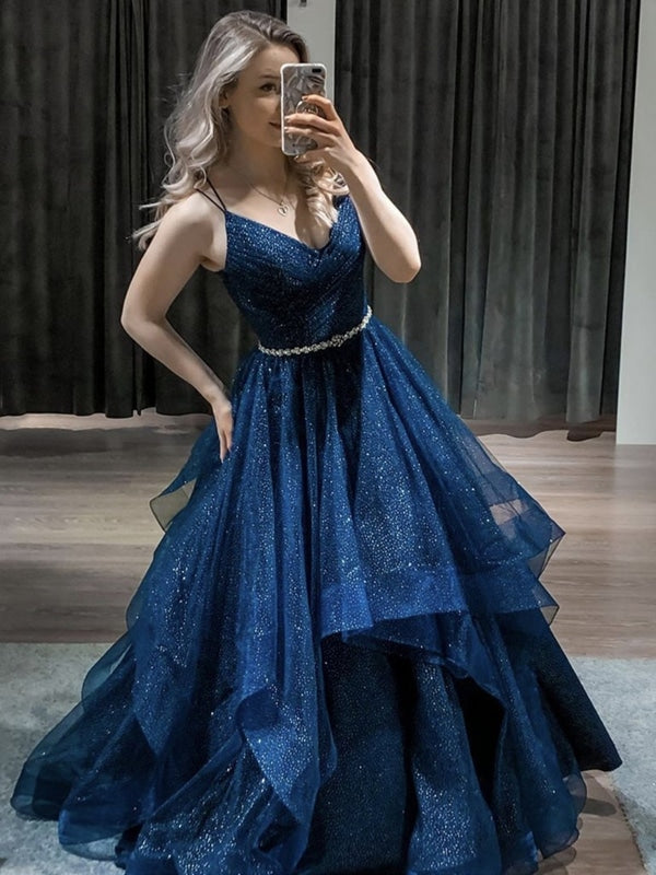 Shiny V Neck Navy Blue Long Prom Dresses with Belt, Fluffy Navy Blue Formal Dresses, y Blue Evening Dresses