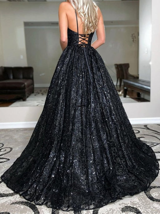 Shiny V Neck Open Back Black Long Prom Dresses, Backless Black Formal Dresses, y Black Evening Dresses