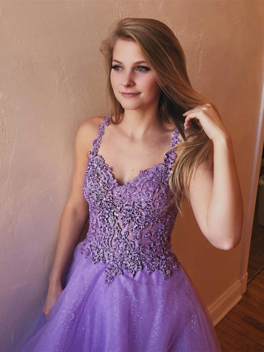 Shiny V Neck Open Back Lavender Lace Long Prom Dresses, Open Back Lavender Lace Formal Dresses, Lace Lavender Evening Dresses