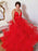 Shiny V Neck Open Back Puffy Red Tulle Long Prom Dresses, Red Tulle Formal Evening Dresses 