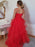 Shiny V Neck Open Back Puffy Red Tulle Long Prom Dresses, Red Tulle Formal Evening Dresses 