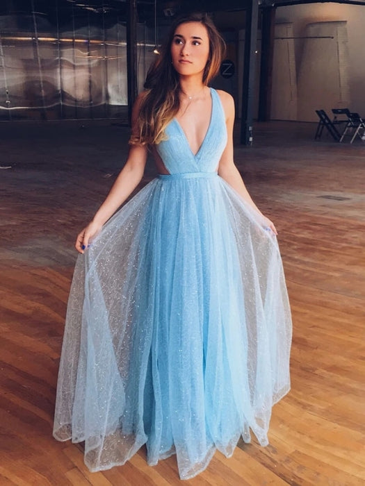 Shiny V Neck Open Back Light Blue Long Prom Dresses, Open Back Light Blue Formal Dresses, y Light Blue Evening Dresses