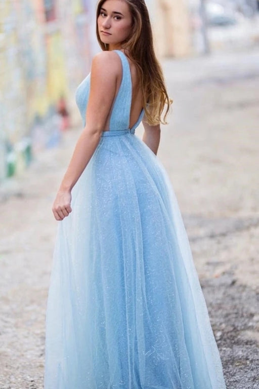 Shiny V Neck Open Back Light Blue Long Prom Dresses, Open Back Light Blue Formal Dresses, y Light Blue Evening Dresses