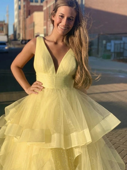 Shiny V Neck Sequins Yellow Long Prom Dresses, Fluffy Yellow Formal Evening Dresses, y Ball Gown