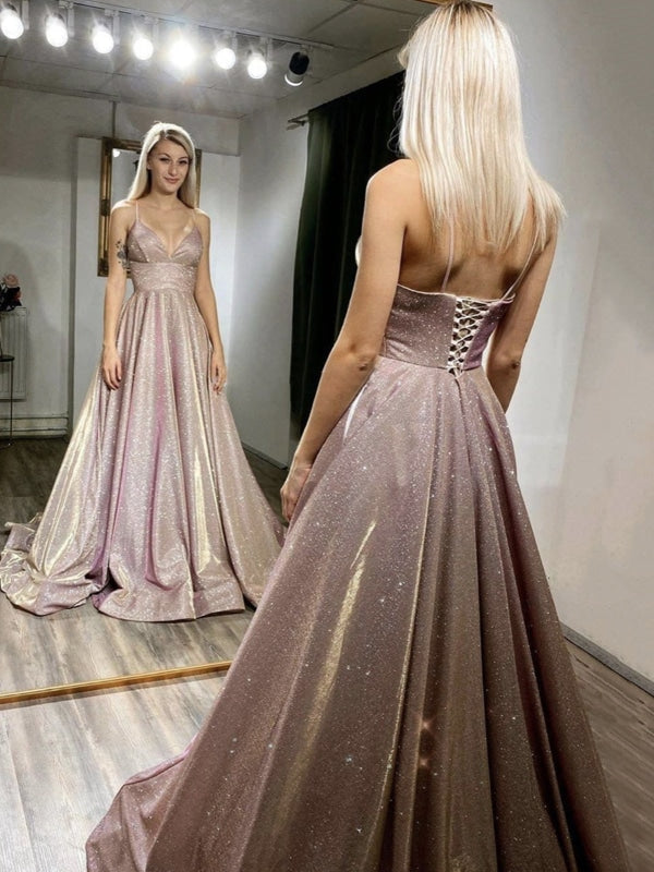 Shiny V Neck Thin Straps Pink Sequins Long Prom Dresses, Open Back Pink Formal Evening Dresses