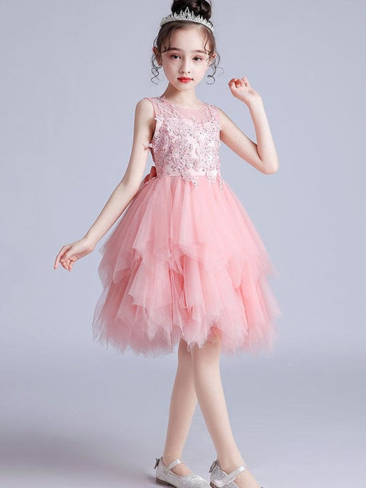 Flower Girl Dresses Jewel Neck Tulle Short Sleeves Knee-Length Princess Silhouette Embroidered Kids Social Party Dresses