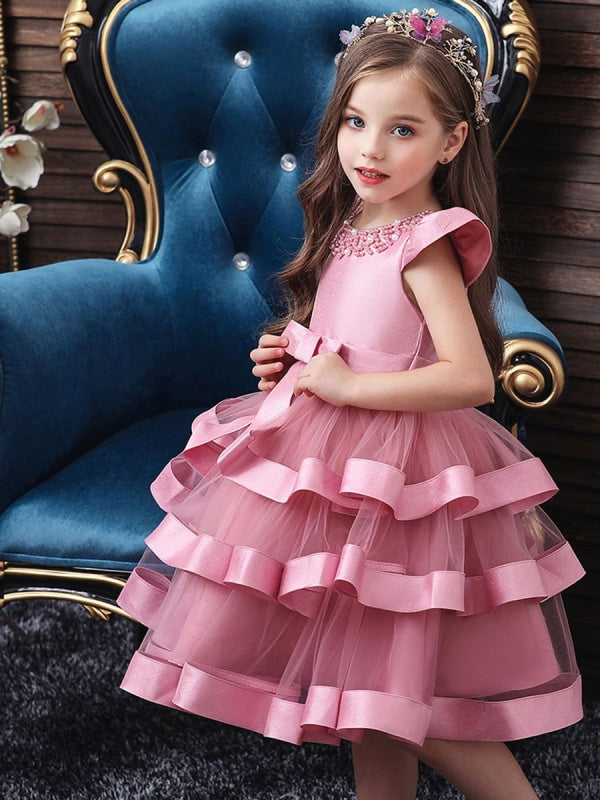 Flower Girl Dresses Jewel Neck Tulle Short Sleeves Knee Length Princess Silhouette Beaded Formal Kids Pageant Dresses