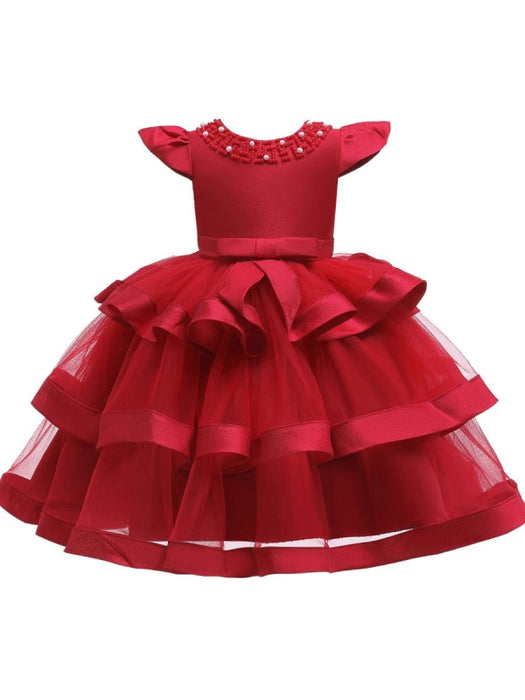 Flower Girl Dresses Jewel Neck Tulle Short Sleeves Knee Length Princess Silhouette Beaded Formal Kids Pageant Dresses