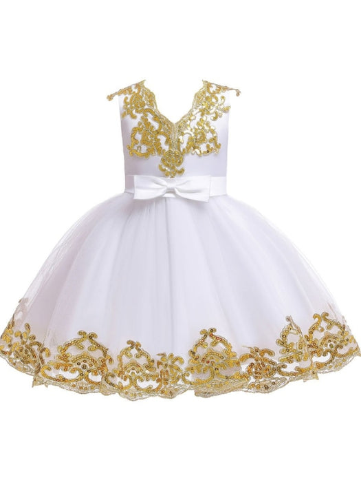 Flower Girl Dresses V-Neck Tulle Short Sleeves Knee Length Princess Silhouette Embroidered Kids Party Dresses